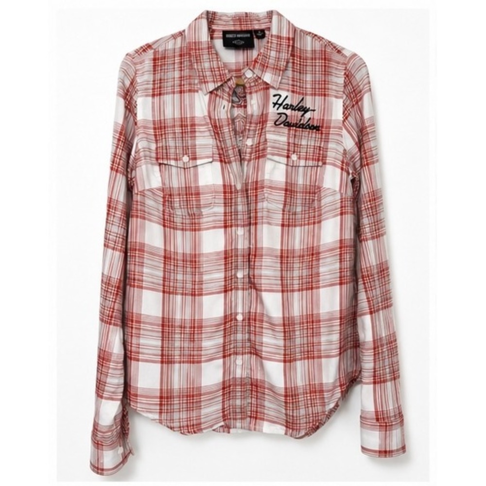 Harley-Davidson Mens Red White Plaid Embroidered Logo Button Up Shirt Small